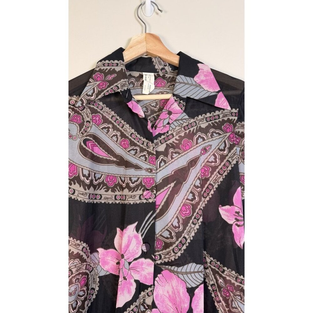 Vintage 70s Women’s Shirt Paisley Gogo Mod Disco Hippie Button Sheer Size Med - Picture 2 of 11
